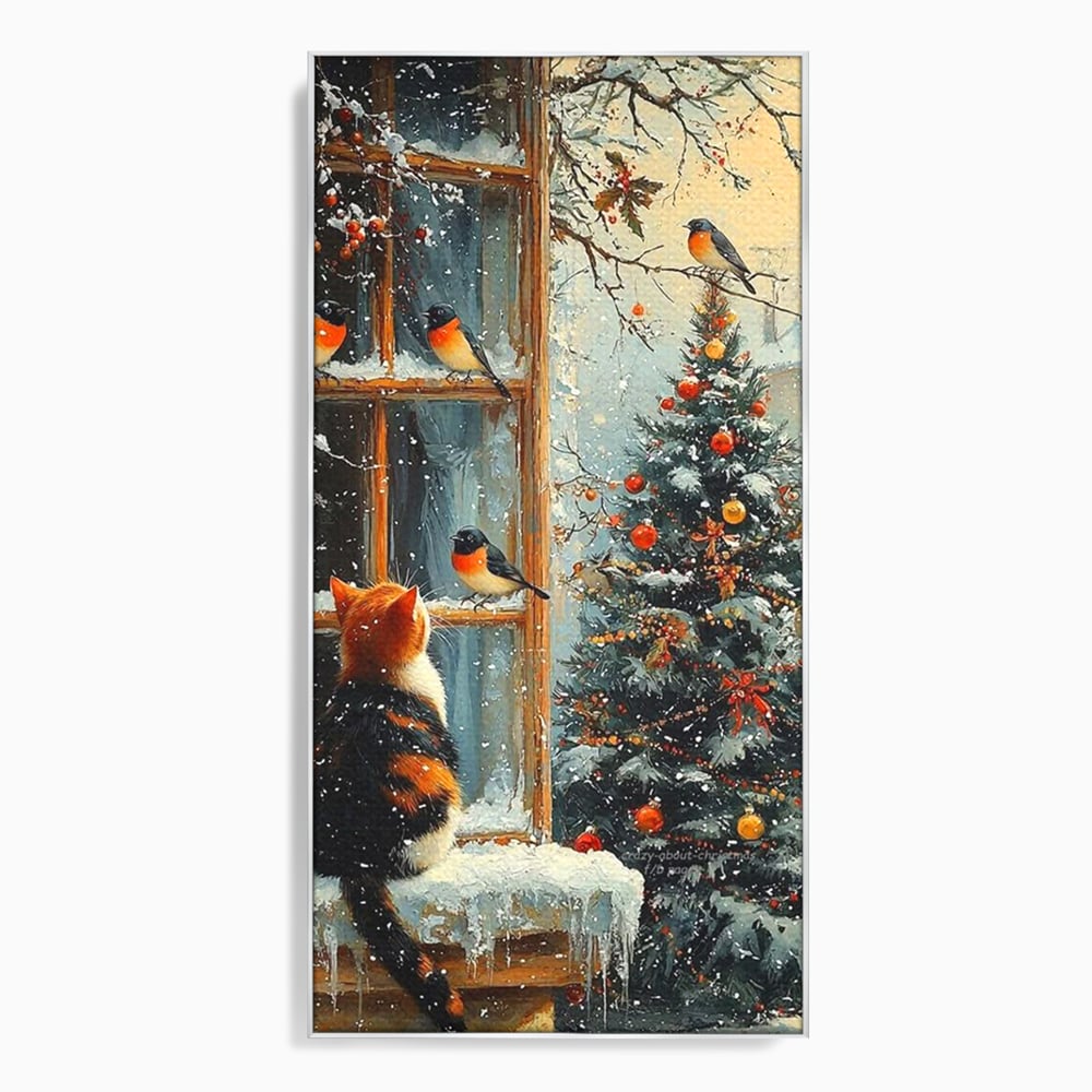 Tablou canvas cu tablou canvas cu pisica priveste pasari la fereastra, in rama de aluminiu argintiu